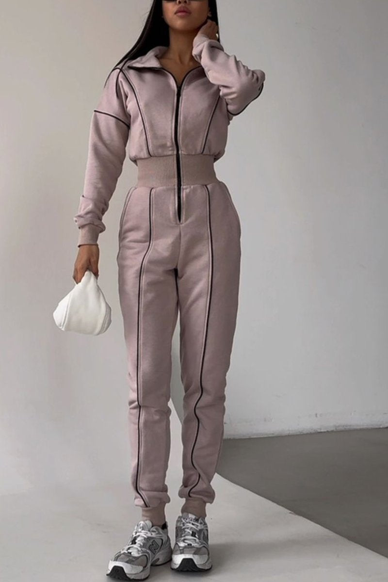 Women's Casual Lapel Half-zip Jumpsuit Pink