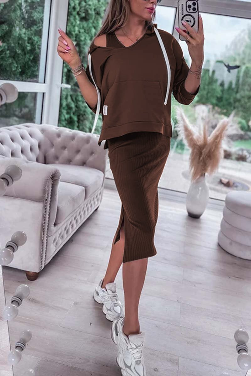 Women's Casual Sweatshirt and Knitted Sleeveless Dress Set Brown