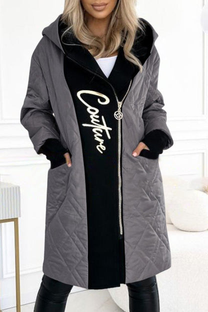 Women's Hooded Zippered Letter Print Long Coat grey