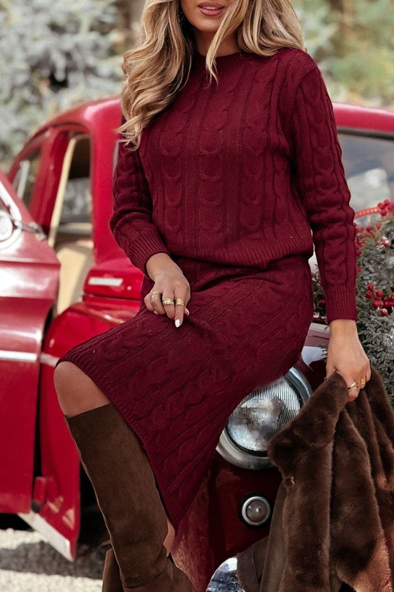 Women's Crew Neck Sweater and Skirt Two-piece Set red