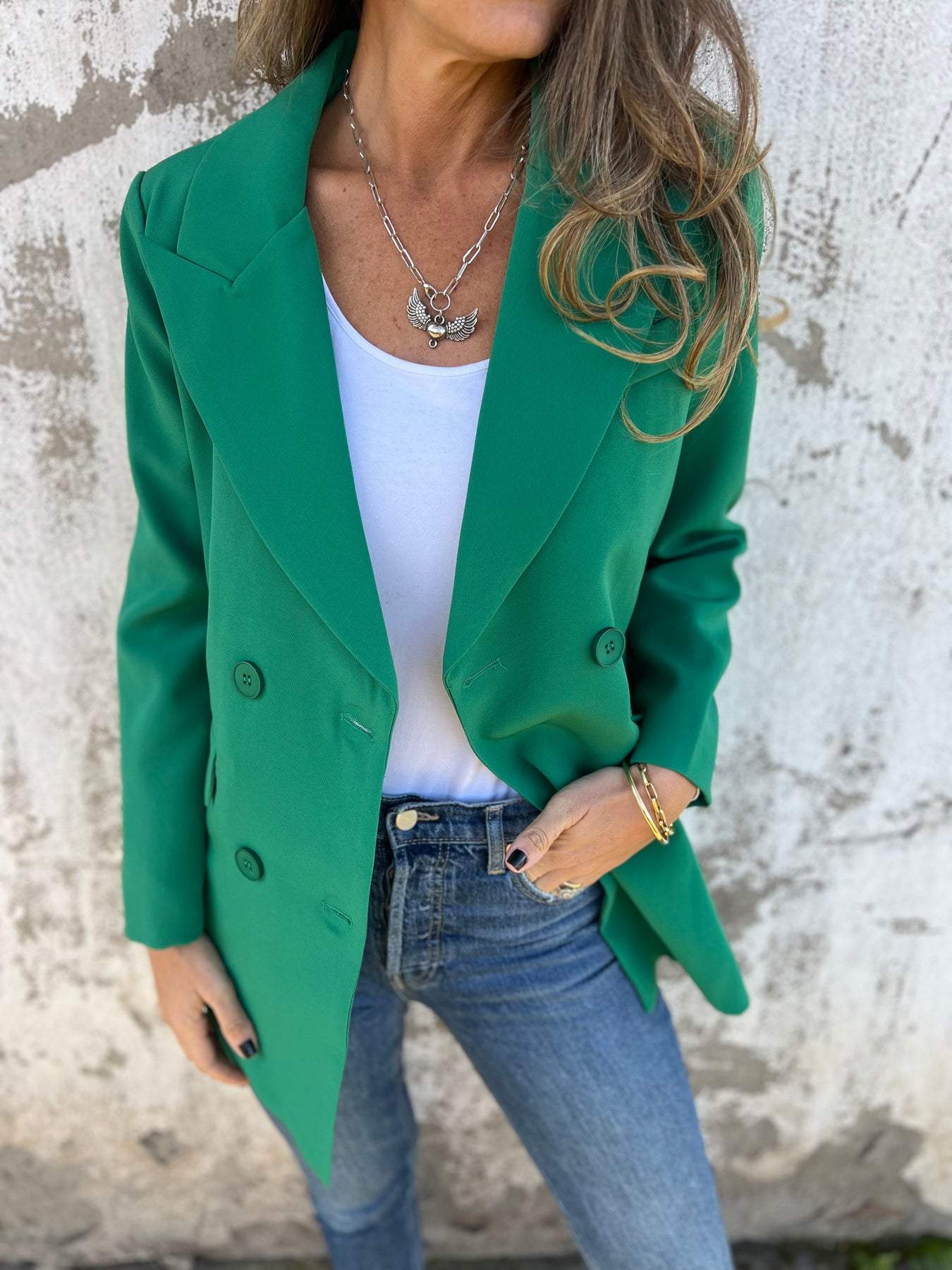 Women's Lapel Long Sleeve Casual Suit Jacket green