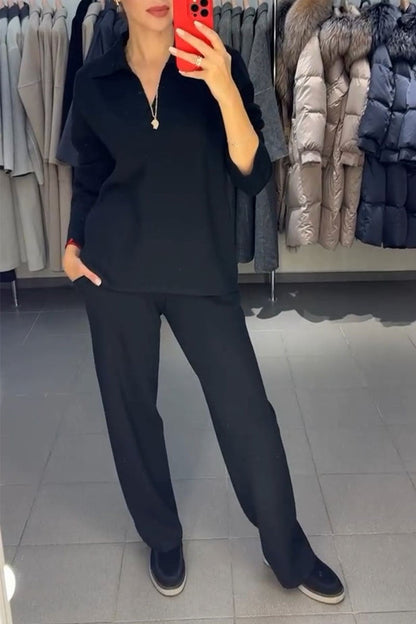 Women's Solid Color Casual Knit Two Piece Set black