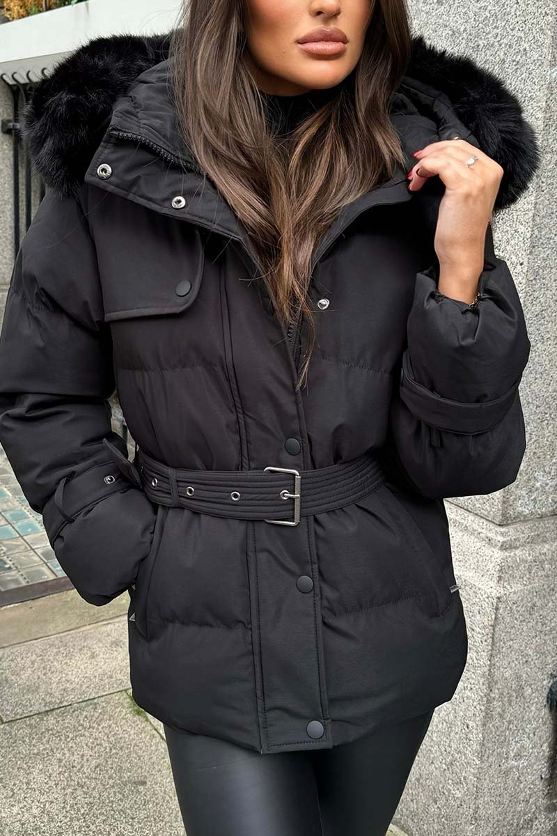 Women's casual faux fur hooded short cotton coat Black