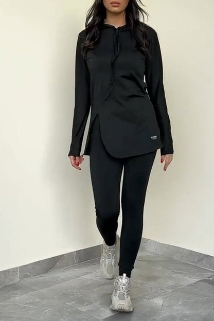 Women's Casual Hooded Solid Color Sports Two-piece Suit black