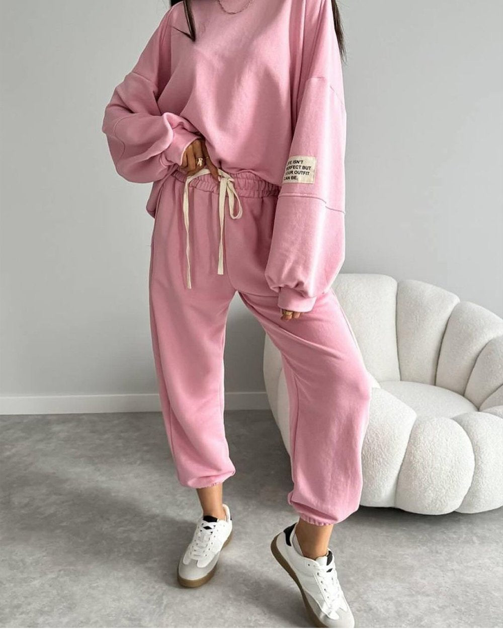 Women's Two-piece Solid Color Loose Sweatshirt Suit Pink