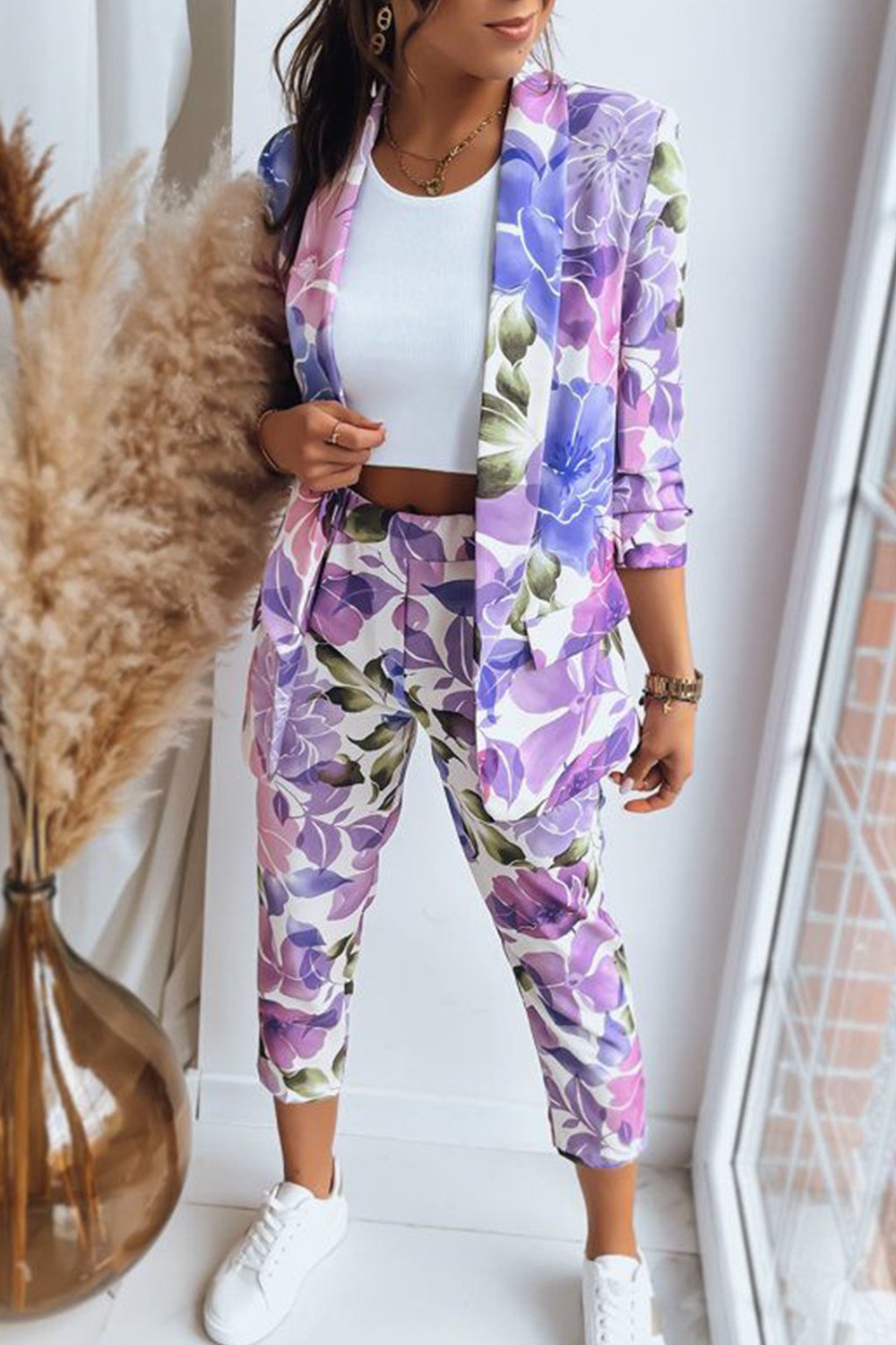 Women's Printed Blazer and Pants Two-piece Set Purple