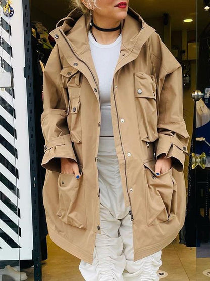 Women's Cool Solid Color Zip-up Hooded Trench Coat khaki