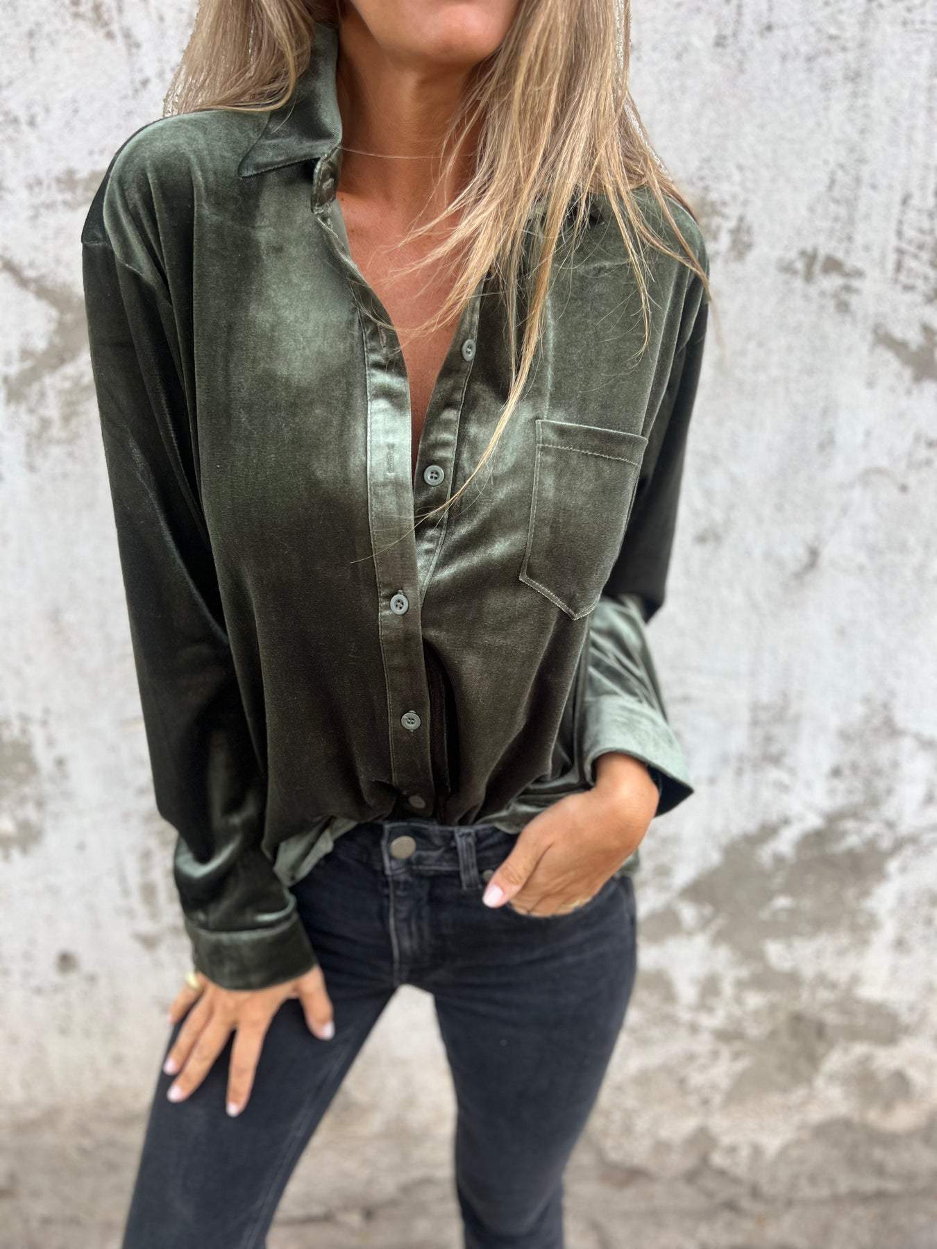 Gold Velvet Lapel Long Sleeve Casual Shirt green