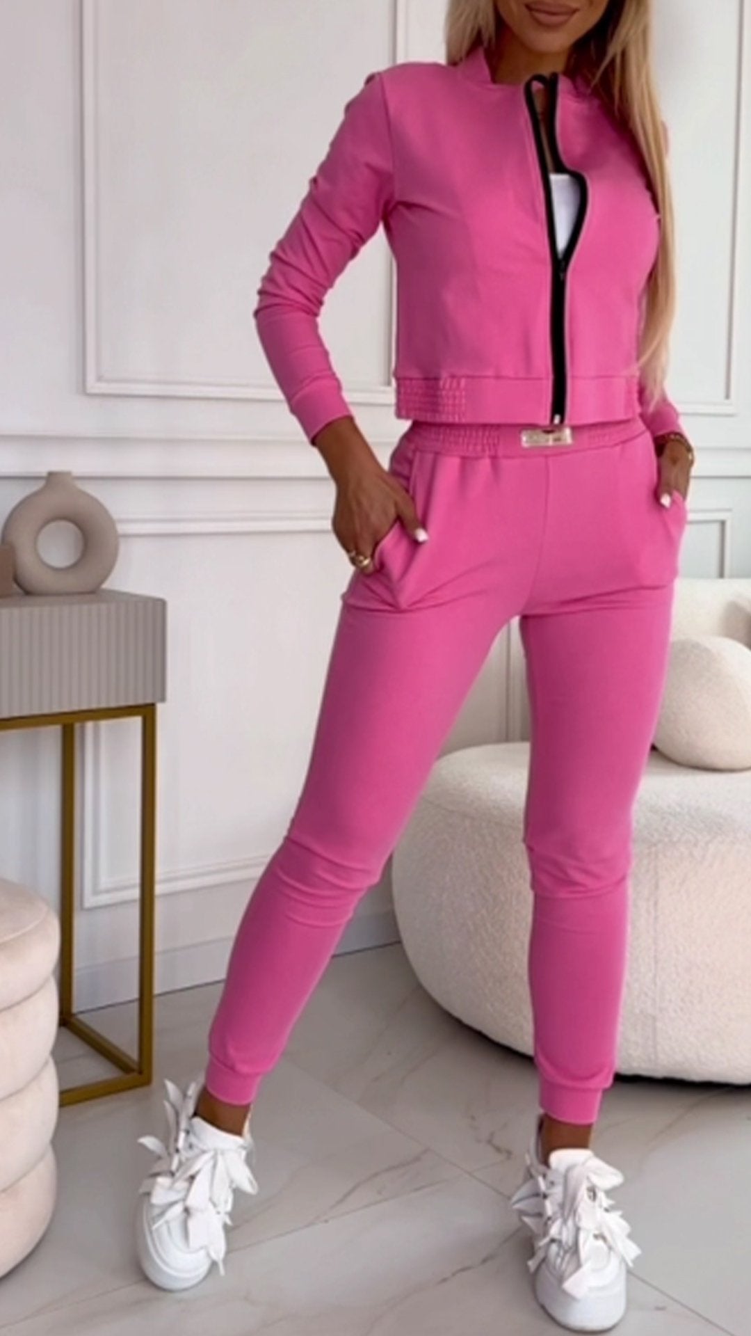 Women's Round Neck Zipper Casual Suit rose