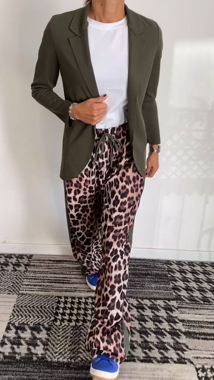 Women's Solid Color Suit Jacket Leopard Pant Suit green