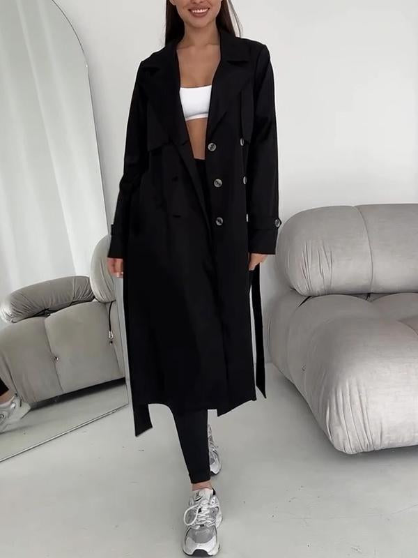 Women's Lapel Long Waist Trench Coat dark black