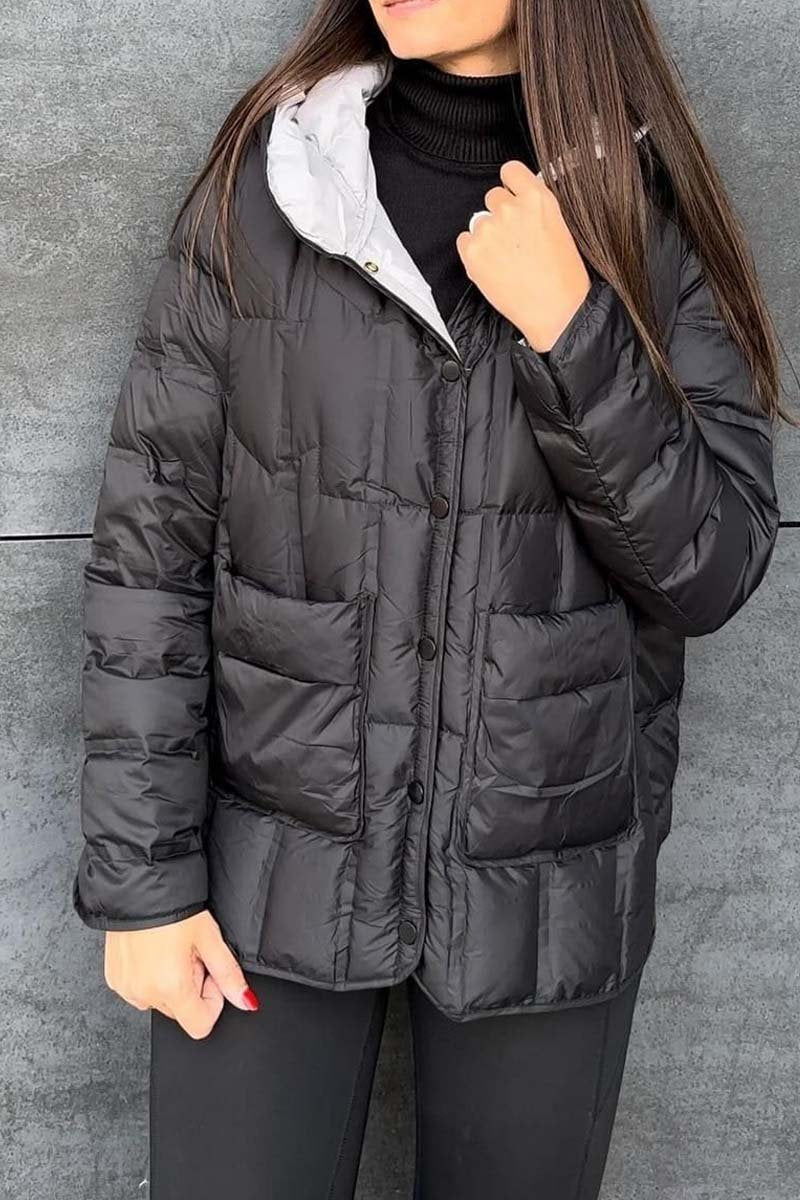 Women's casual solid color short hooded cotton coat Black