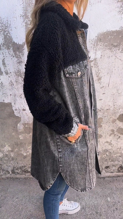 Lapel Single-breasted Long Denim Jacket