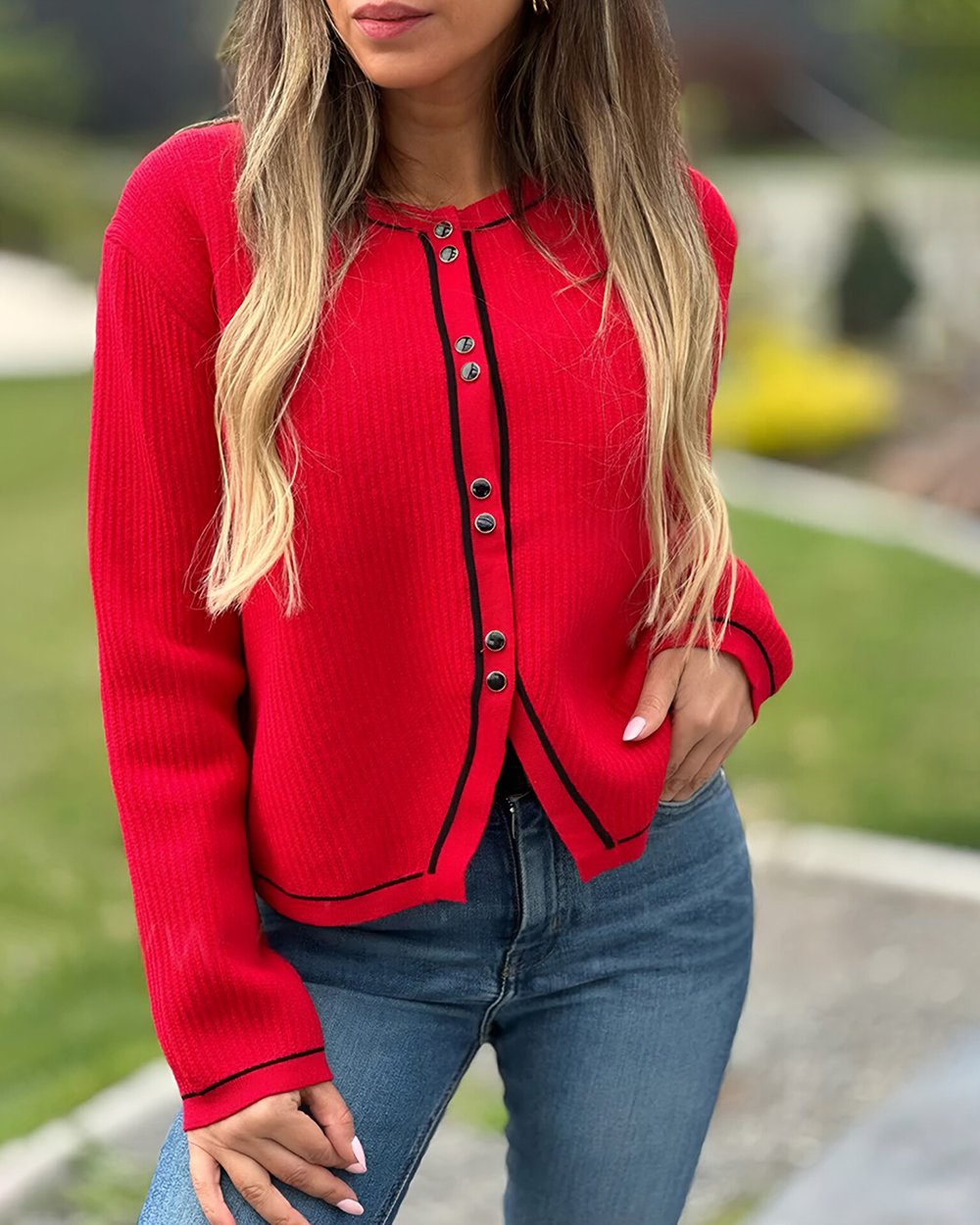 Women's Fashion Contrast Sweater Red