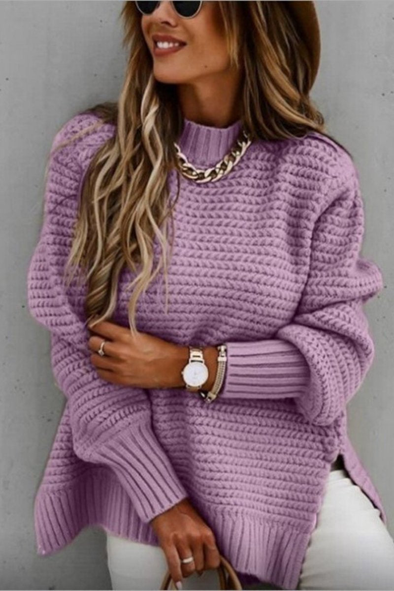 Women's Half-high Collar Solid Color Side-slit Knitted Sweater purple