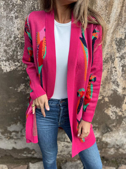 Women's V-neck Long-sleeved Knitted Printed Casual Jacket