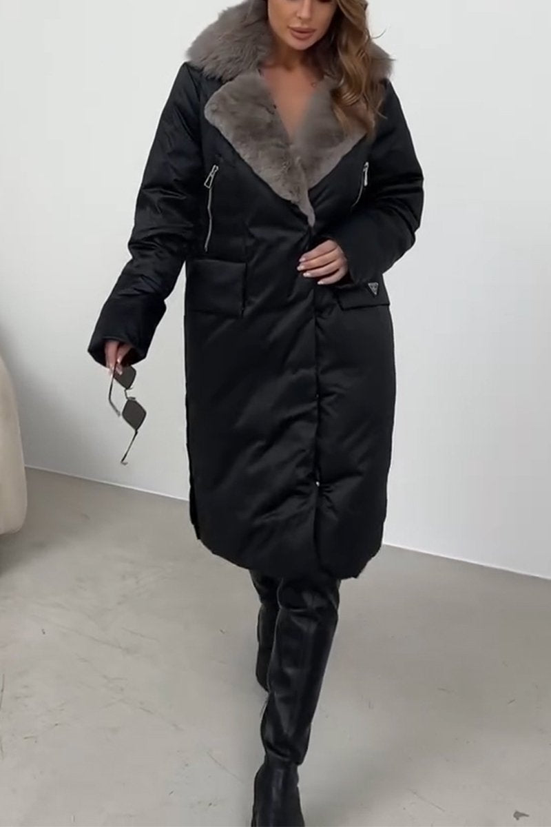 Women's Fur Collar Long Cotton Coat black