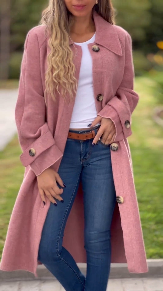 Women's Lapel Long Sleeve Casual Long Coat pink