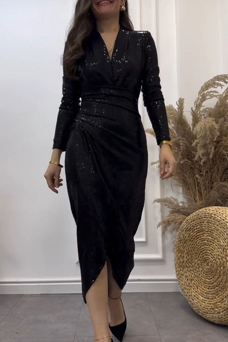 Women's V-neck Waist Sequined Dress black