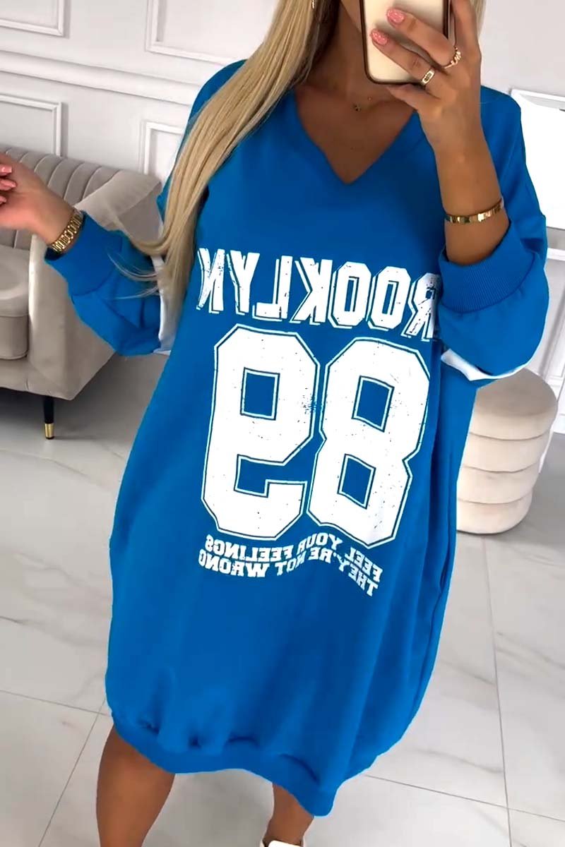 Women's casual sports letter print sweatshirt dress Blue