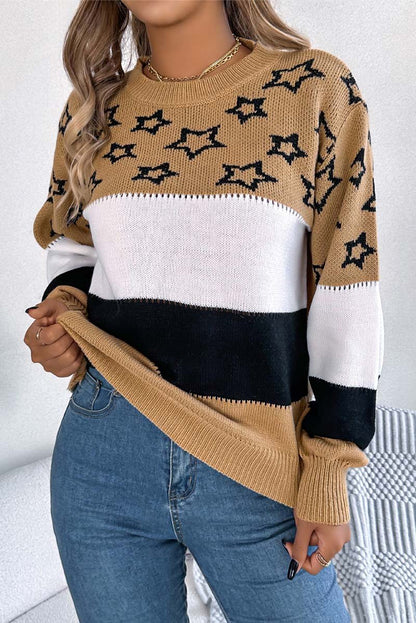 Women's casual color block star hollow lantern sleeve pullover sweater Khaki