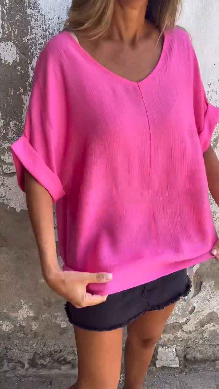 V-neck Mid-sleeve Casual Top Rose Red