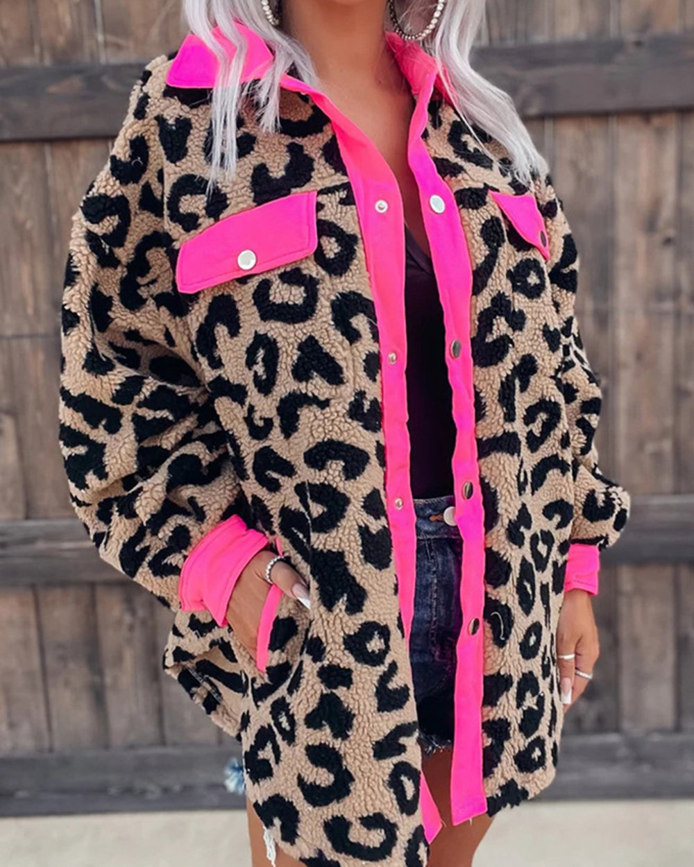 Women's Leopard Print Fur Coat Deep pink