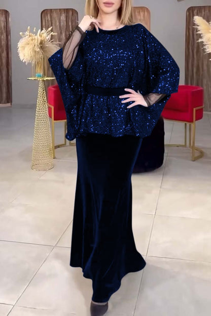 Women's stylish and elegant dolman sleeve sequined top and velvet skirt set Dark Blue