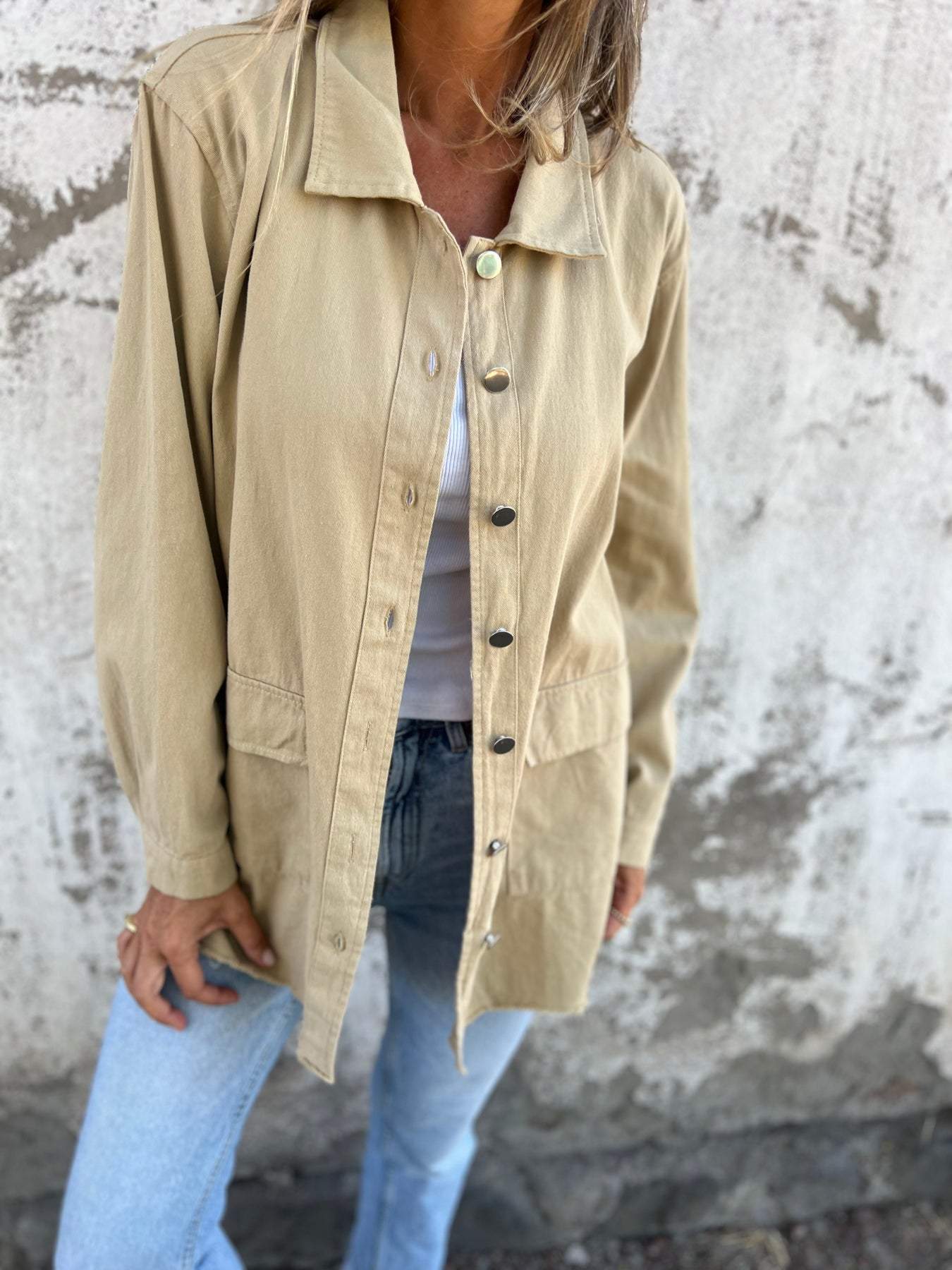 Lapel Casual Long Sleeve Top khaki