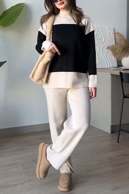 Women's Casual Contrast Knitted Suit Black Apricot