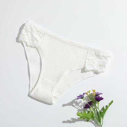 Women's Threaded Solid Color Low-rise Lace Breathable Double-stop Briefs white