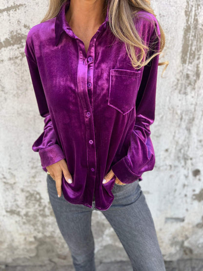 Gold Velvet Lapel Long Sleeve Casual Shirt purple