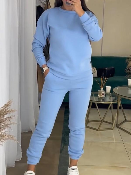 Women's Round Neck Long Sleeve Sweatshirt Two Piece Set blue