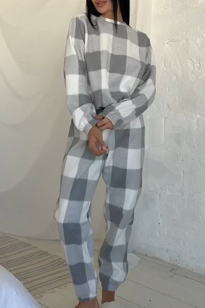 Women's Casual Plaid Long Sleeve Two-Piece Set grey