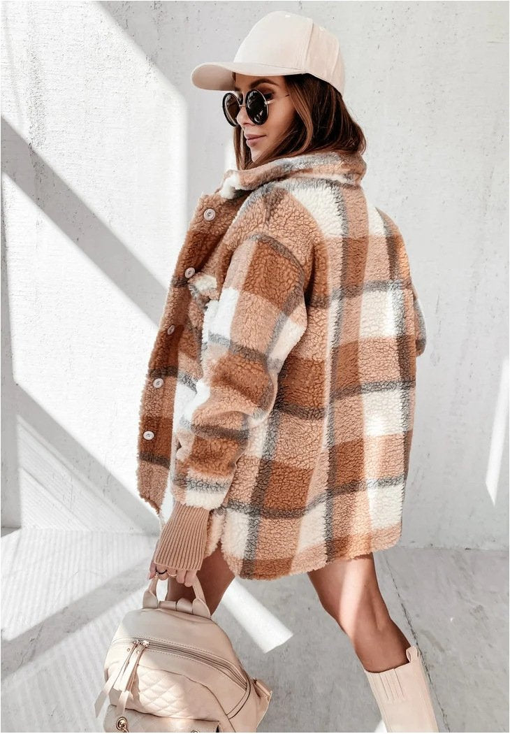 Long Sleeve Double Pocket Plaid Fur Coat