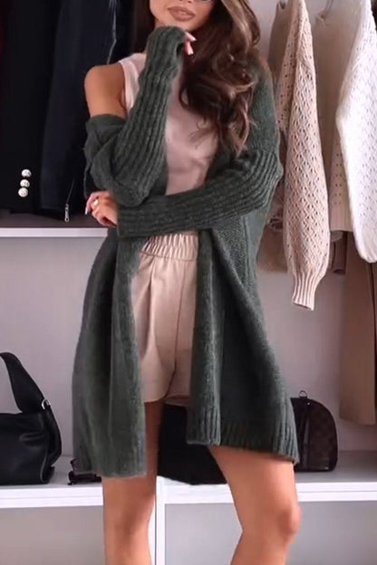 Women's Hooded Solid Color Knitted Cardigan dark green