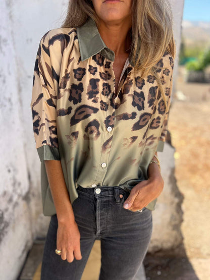 Women's Leopard Print Lapel Mid-sleeve Shirt green