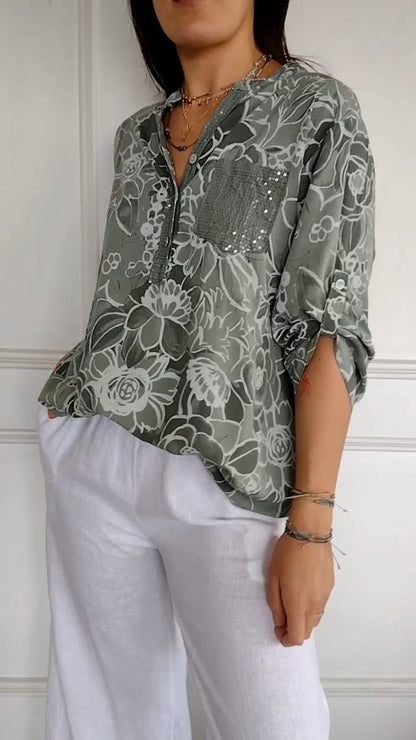 Women's V-neck Mid-sleeve Printed Sequined Top green