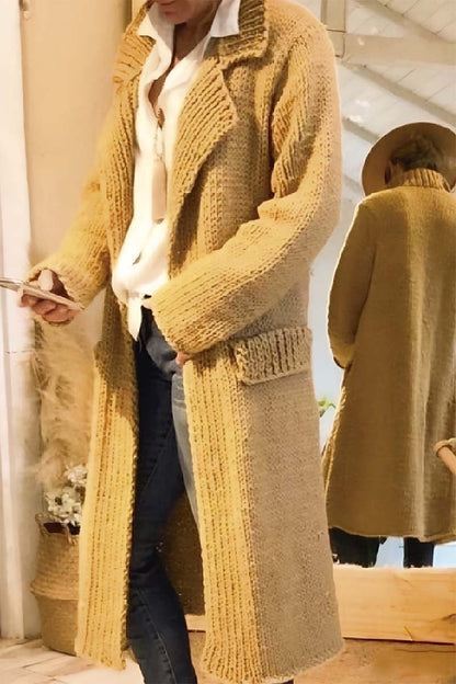 Women's Casual Solid Color Lapel Thick Thread Sweater Knitted Long Cardigan Khaki