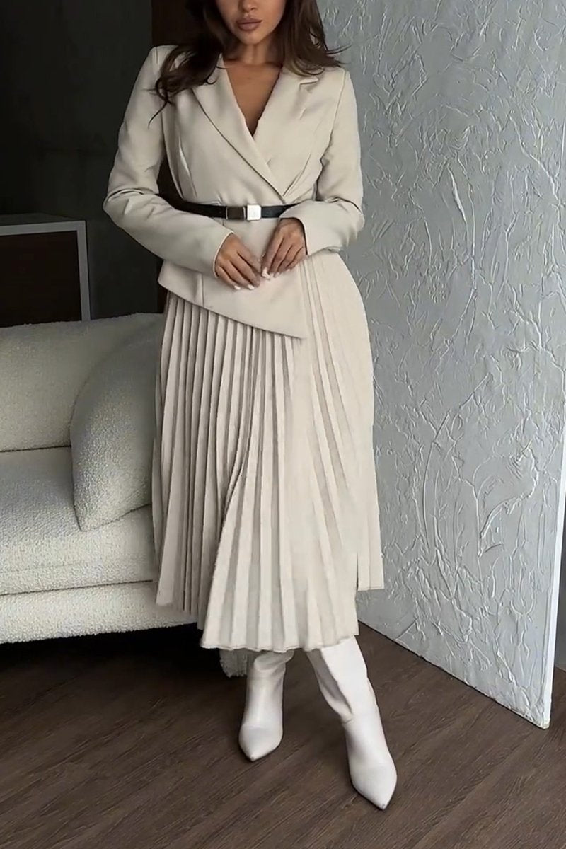 Women's Casual Lapel Pleated Dress apricot