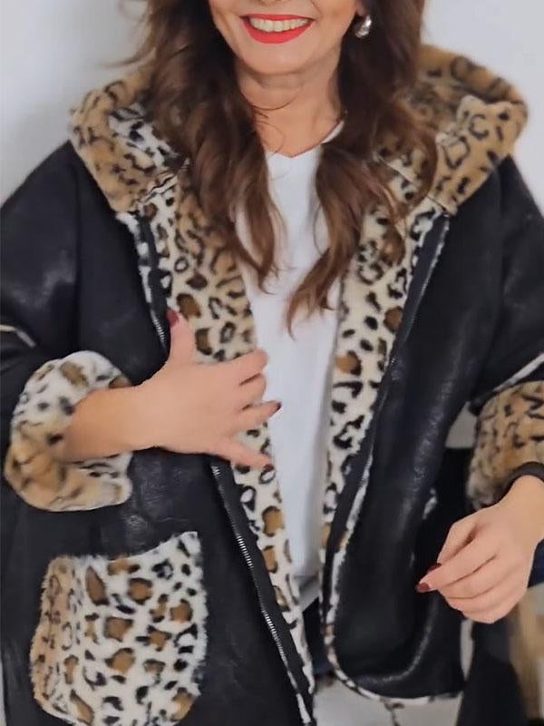 Women's Leopard Print Patchwork Hooded Coat black