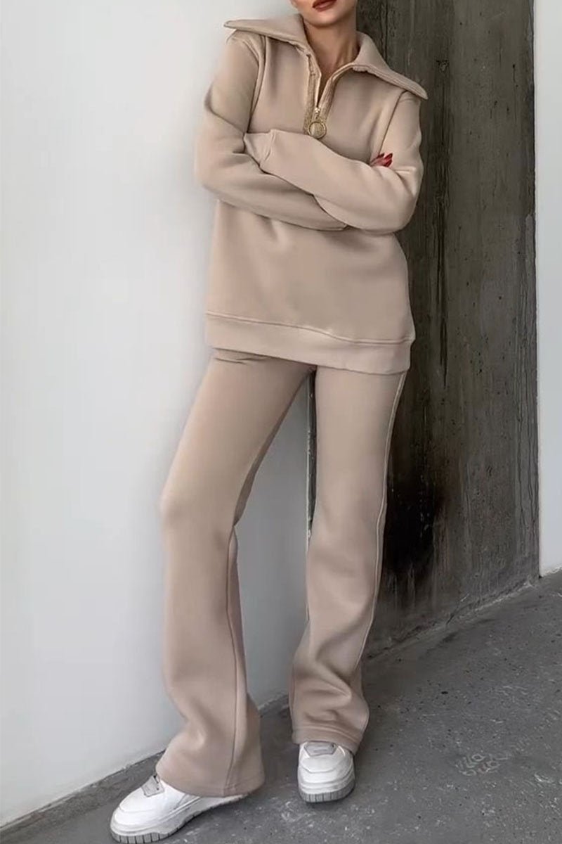 Women's Lapel Long Sleeve Sweatshirt Two Piece Set beige