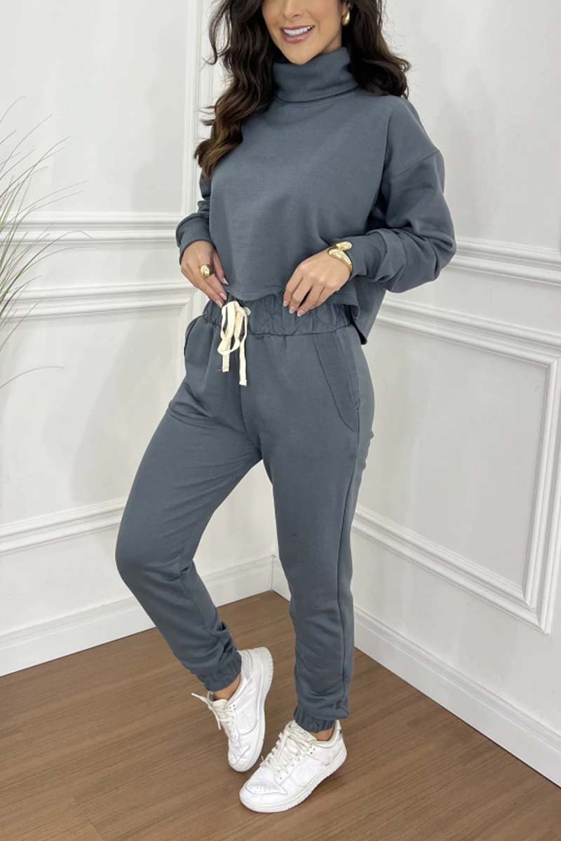 Women's Casual Solid Color Turtleneck Cropped Top and Pants Set Gray