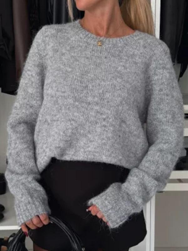 Women's Wool Round Neck Long Sleeve Sweater with A Sense of Design grey