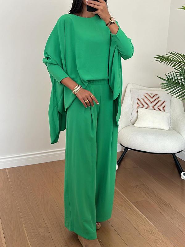 Women's Round Neck Bat Sleeve Design Loose Casual Suit green