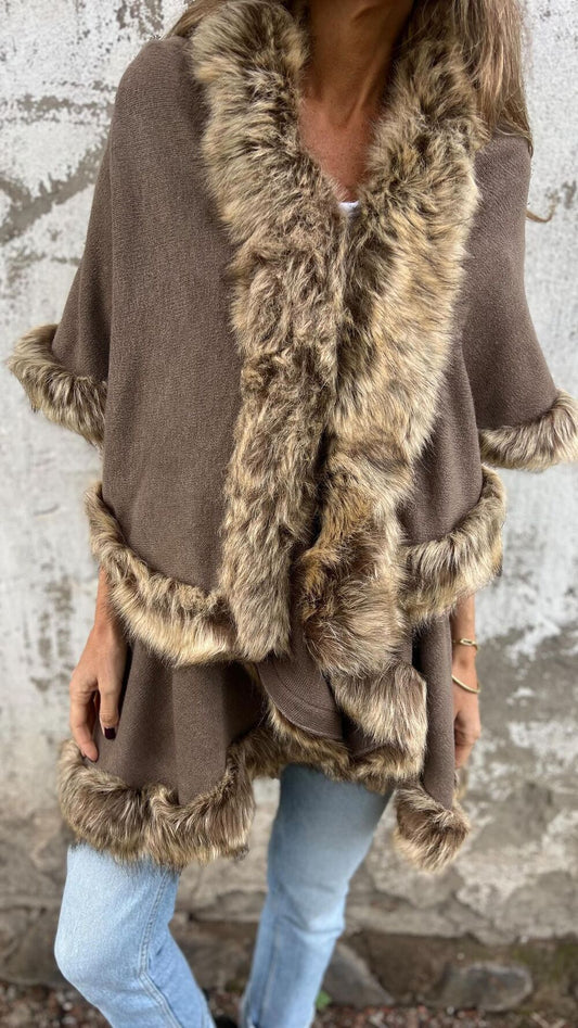 Women's Mid-length Sleeve V-neck Fur Collar Cape Coat brown