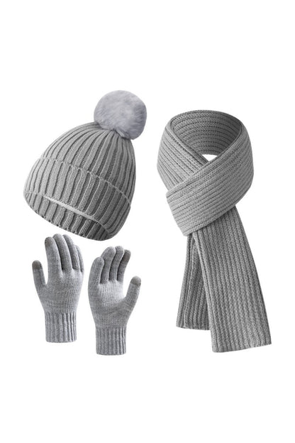 Knitted Hat, Double-layer Fleece Warm Wool Scarf, Gloves, Three-piece Set gray-A One size