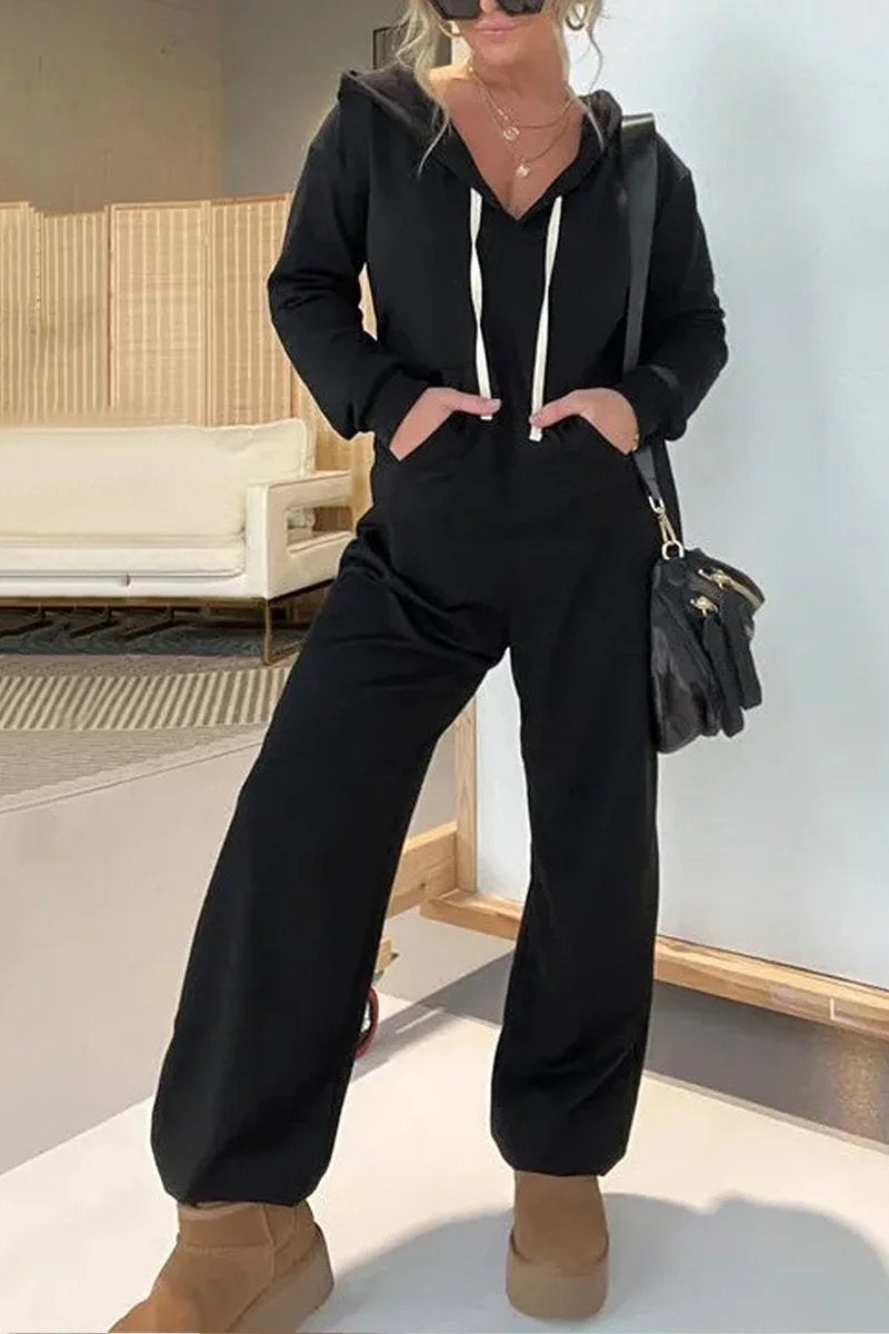 Women's Casual Hooded Solid Color Jumpsuit black