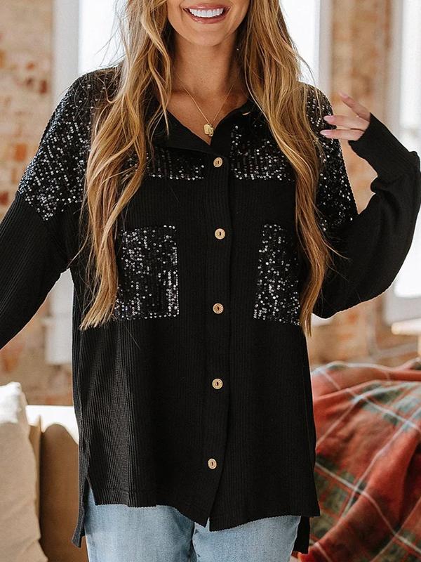 Ladies Lapel Sequined Casual Shirt black