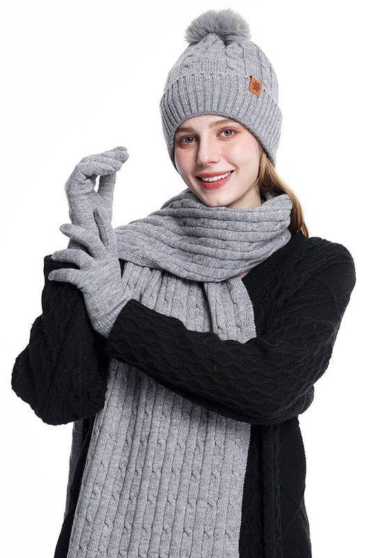 Knitted Hat, Double-layer Fleece Warm Wool Scarf, Gloves, Three-piece Set gray One size